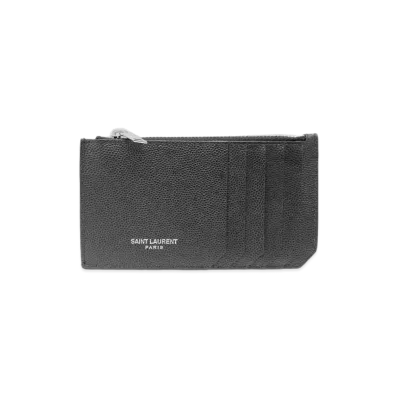 Saint Laurent Fragments Zipped Card Case In Grain De Poudre Embossed Leather "Black"