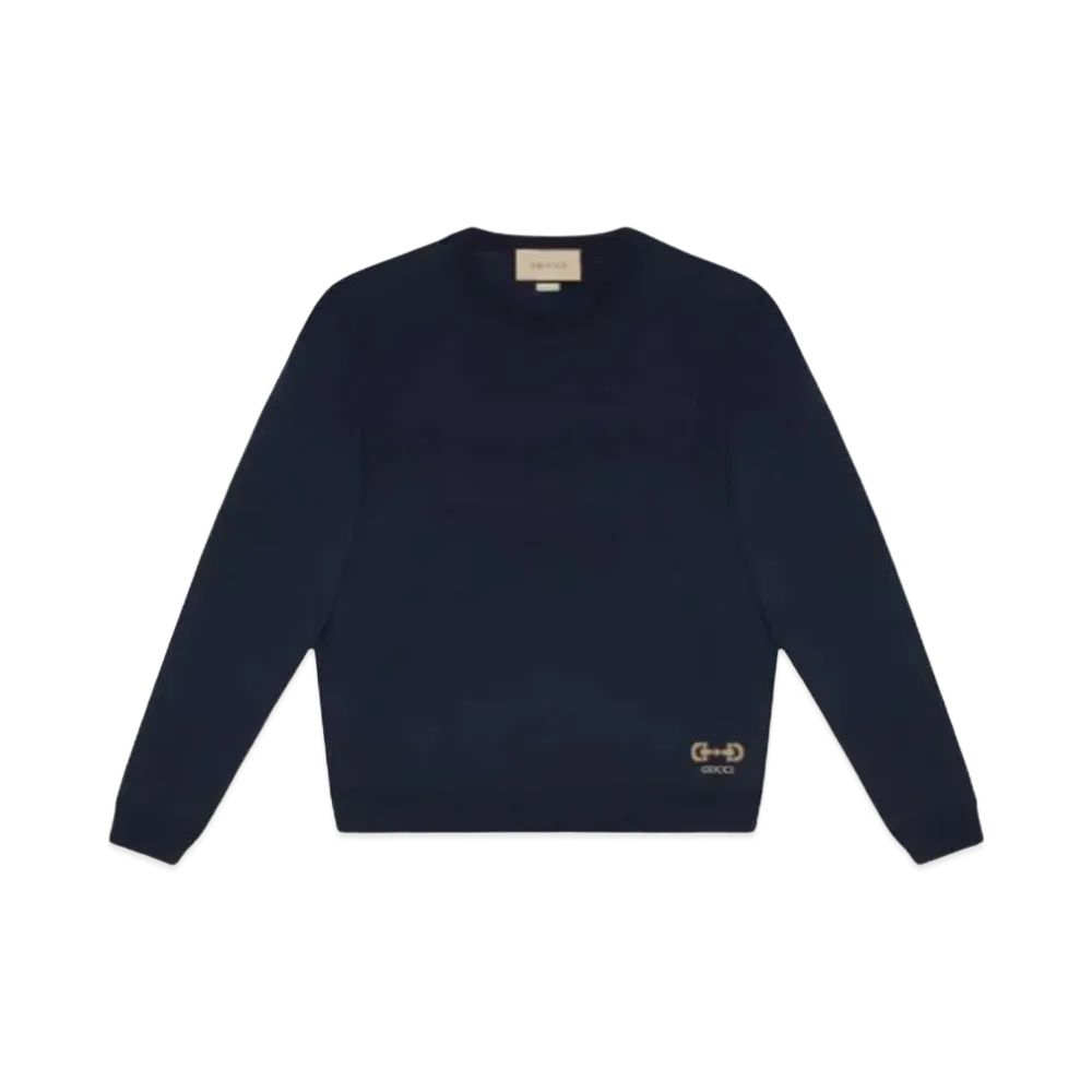 GUCCI Men's Intarsia Wool Sweater With Horsebit "Navy"