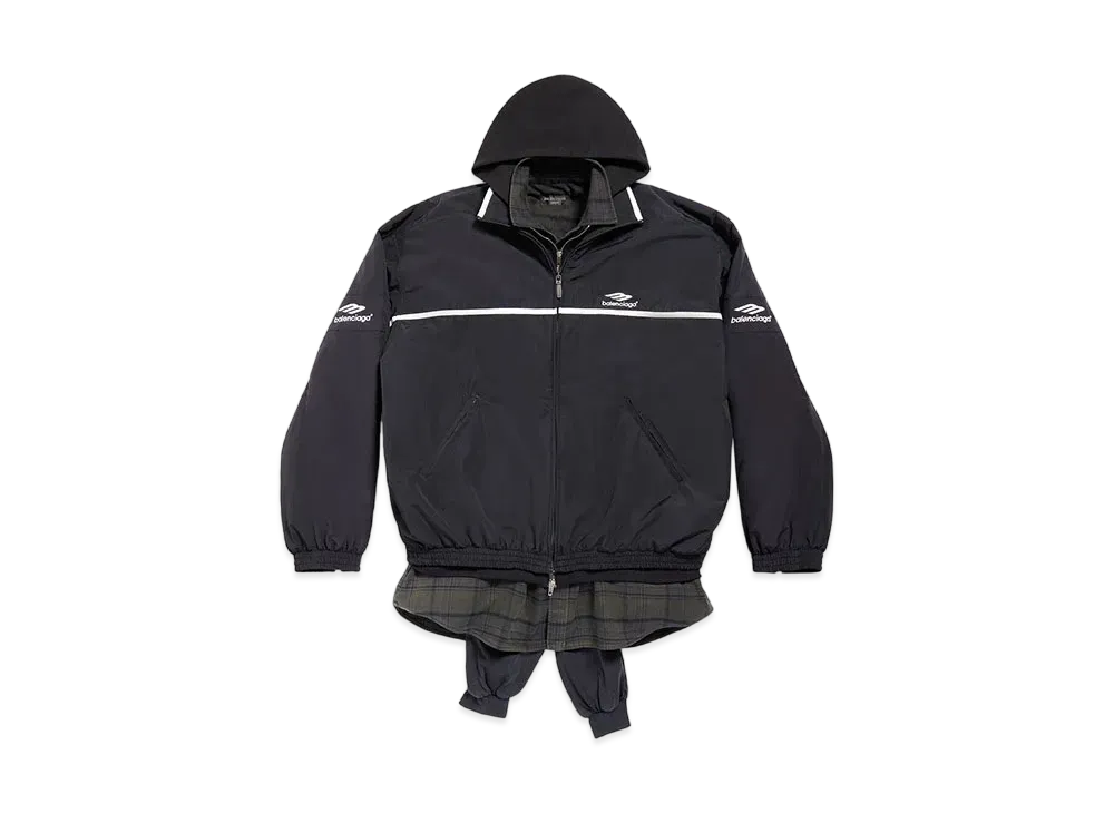 BALENCIAGA Men's 3B Sports Icon Layered Tracksuit Jacket Techno Poplin Curly Fleece and Vintage Jersey and Cotton "Black/Dark Green"