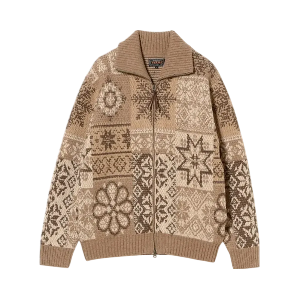 BEAMS Zip Cardigan Double Jacquard Patchwork Like Pattern "Brown"