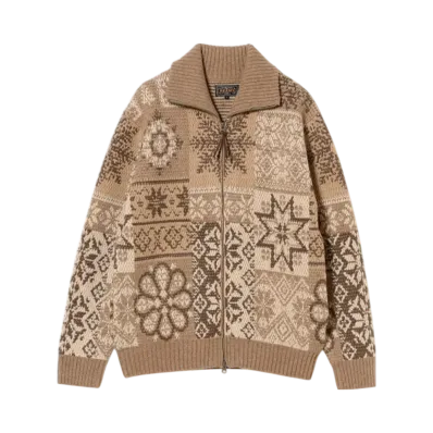 BEAMS Zip Cardigan Double Jacquard Patchwork Like Pattern "Brown"