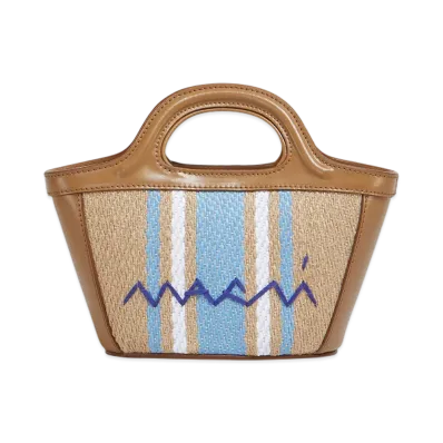 MARNI Tropicalia Micro Bag in Leather & Raffia-Effect Fabric "Cigar/Opal/Lily White"