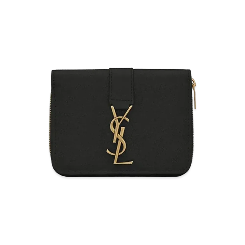 Saint Laurent Ysl Line Compact Zippered Wallet In Grained Leather "Black"