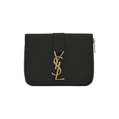 Saint Laurent Ysl Line Compact Zippered Wallet In Grained Leather "Black"