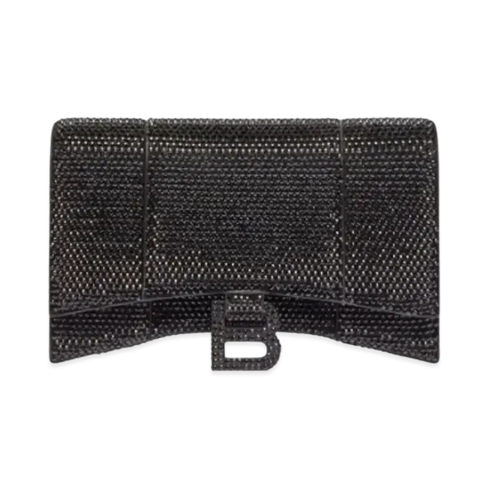 BALENCIAGA Hourglass Wallet With Chain In Suede Calfskin With Rhinestones "Black"