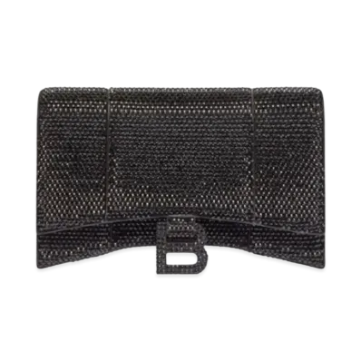BALENCIAGA Hourglass Wallet With Chain In Suede Calfskin With Rhinestones "Black"
