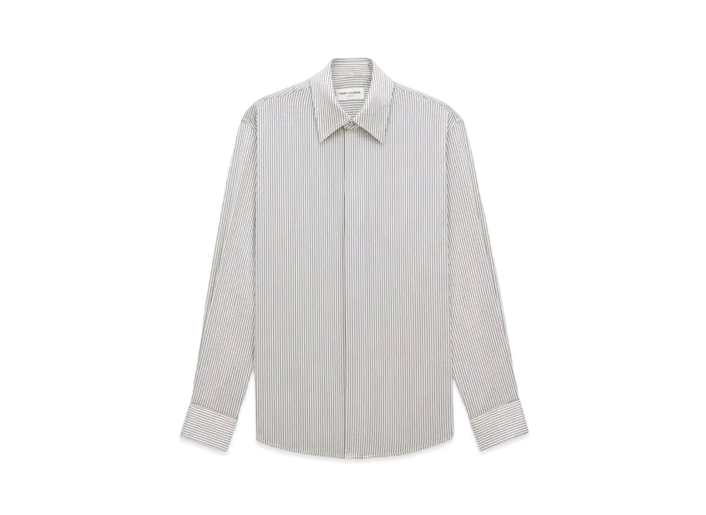 Saint Laurent Women's Boyfriend Shirt in Striped Silk Satin "Craie Marine"