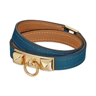 Hermes Rivale Leather Bracelet "Bleu/Gold"