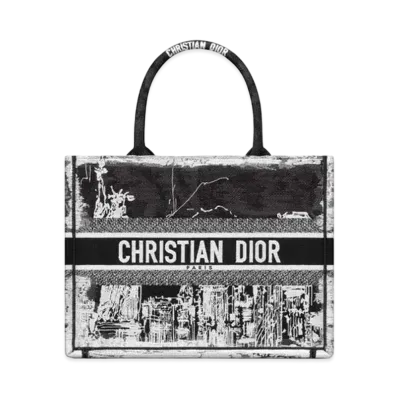 Dior Medium Dior Book Tote New York Embroidery "Black/White"
