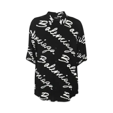 BALENCIAGA MENS Script Logo Short Sleeve Shirt "Black/White"