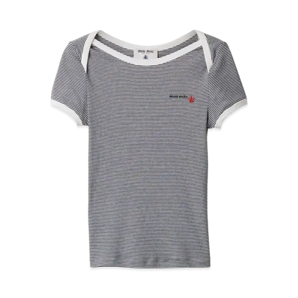 Petit Bateau x MIUMIU Women's Ribbed Jersey T-Shirt "White/Navy"