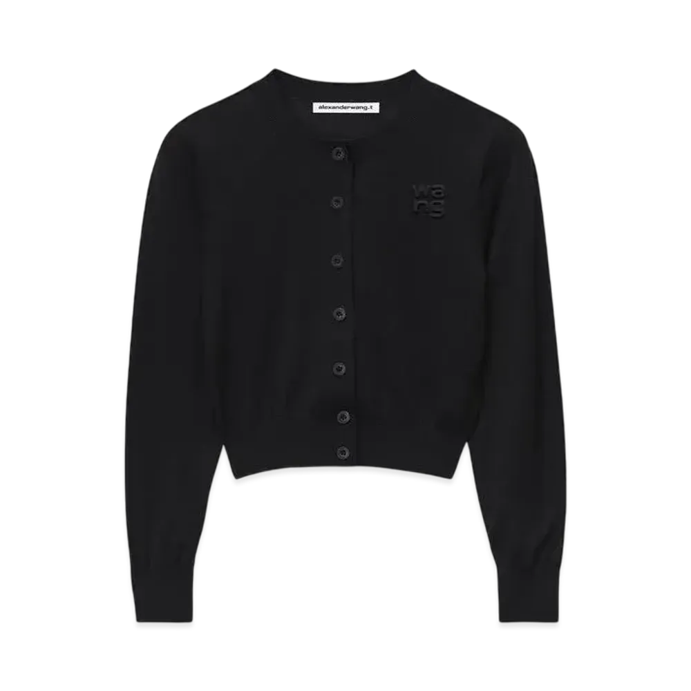 Alexander Wang Logo Cropped Superfine Merino Cardigan "Black"