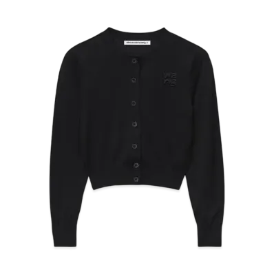 Alexander Wang Logo Cropped Superfine Merino Cardigan "Black"