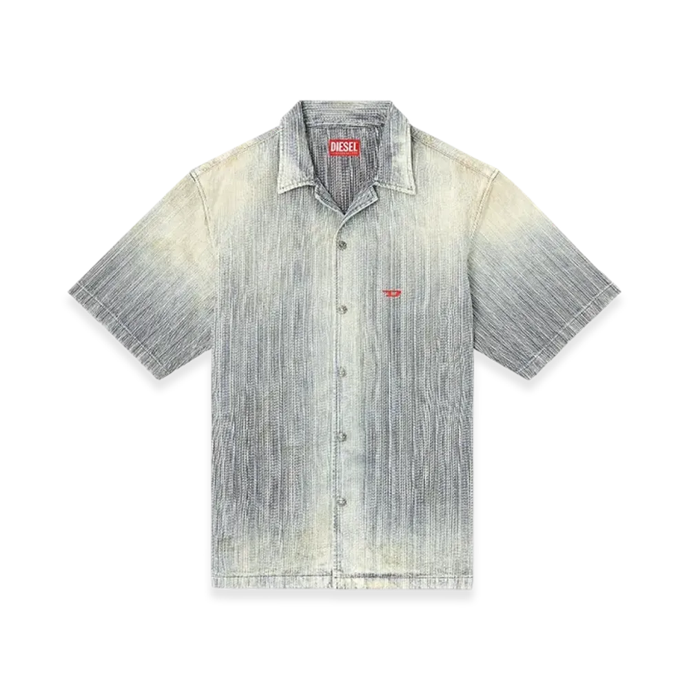 Diesel D-Nabil-D Bowling Shirt In Striped Indigo Denim "Medium Blue"