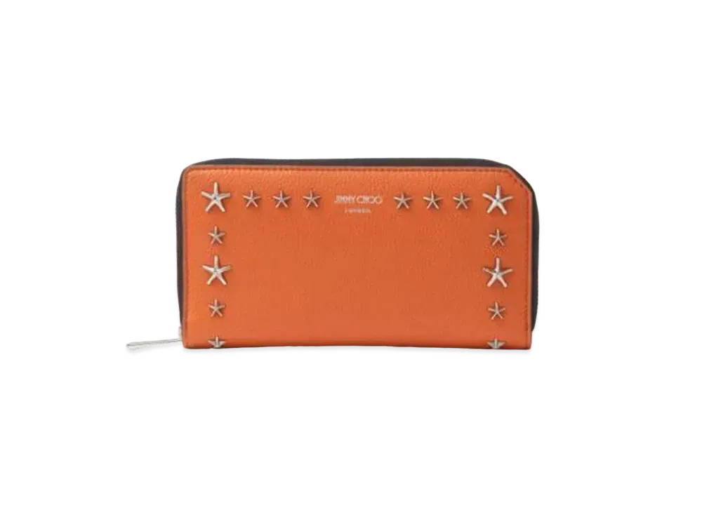 JIMMY CHOO CARNABY/S Soft Grainy Calf Leather Wallet With Star Studs "Amber Orange"