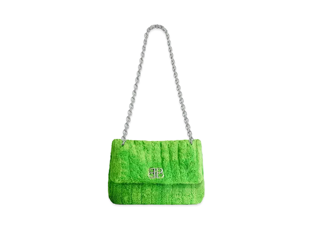 BALENCIAGA Monaco Mini Bag in Quilted Fluffy Towel Fabric, Aged-Silver Hardware "Green"