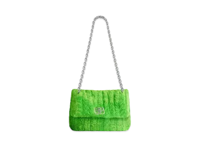 BALENCIAGA Monaco Mini Bag in Quilted Fluffy Towel Fabric, Aged-Silver Hardware "Green"