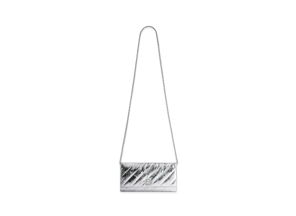 BALENCIAGA Crush Wallet On Chain Metallized Quilted "Silver"