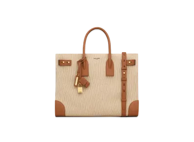 Saint Laurent Sac De Jour Thin Large in Canvas and Vegetable-Tanned Leather "Beige/Brick"
