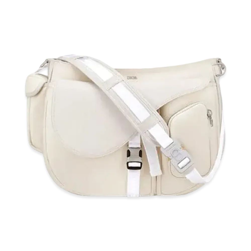 Dior x Sacai Saddle SoftBag Technical Fabric & Grained Calafskin "White"