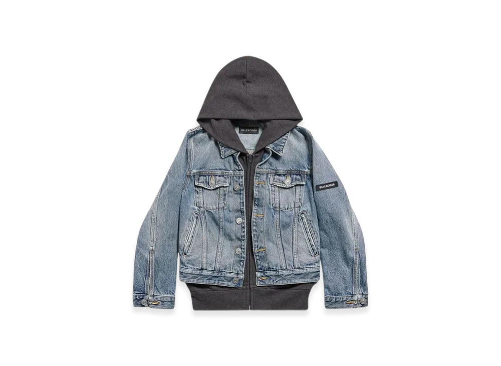 BALENCIAGA Women's Patched Denim Jacket "Blue Grey"