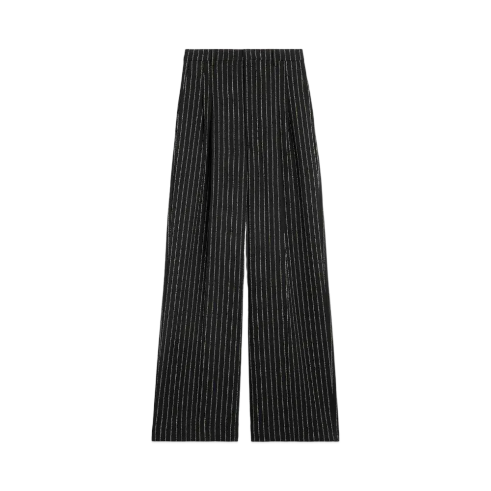 AMI PARIS Stripe Wool Crepe Wide Fit High Waist Large Pants "Black & Chalk"