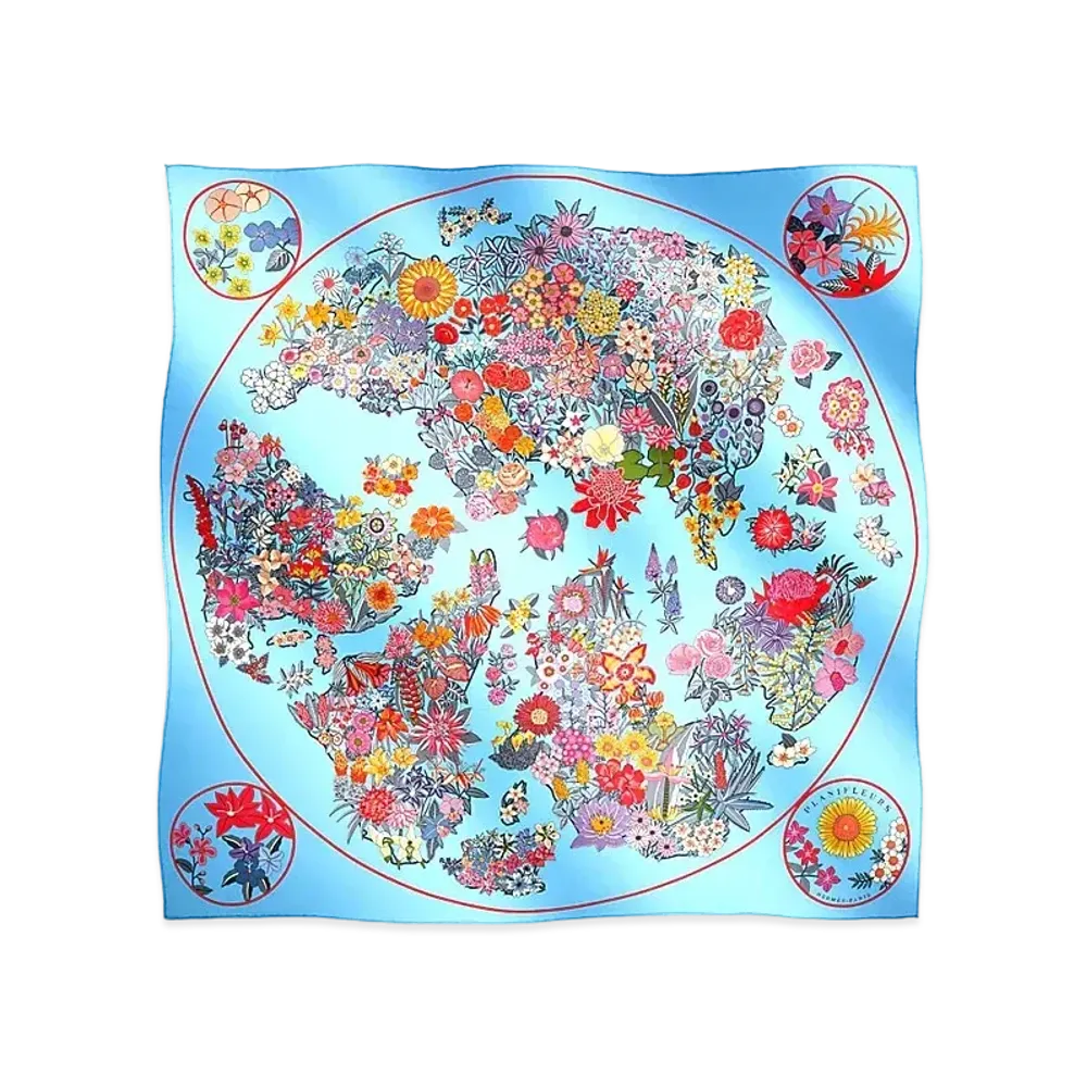 Hermes Carre 90 Planifleurs "Blue Ciel/Pink/Red"