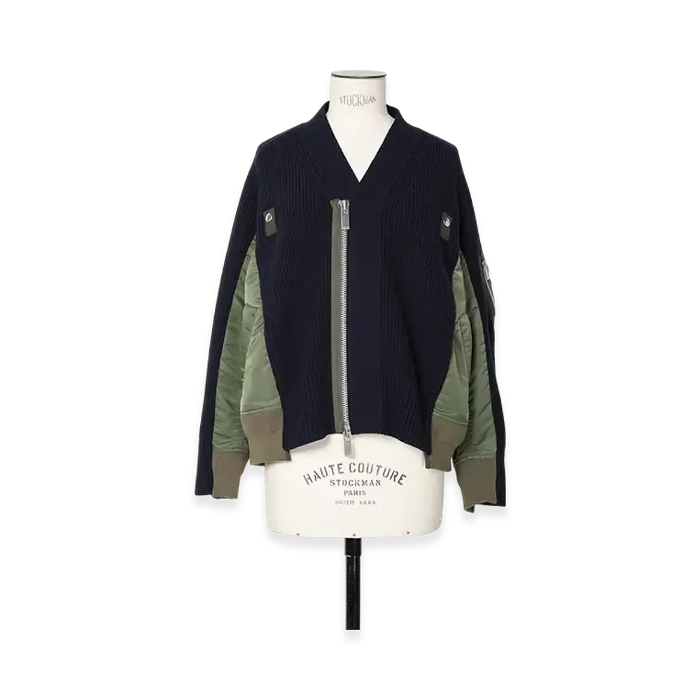 sacai Wool Knit x Nylon Twill Cardigan "Navy/Khaki"