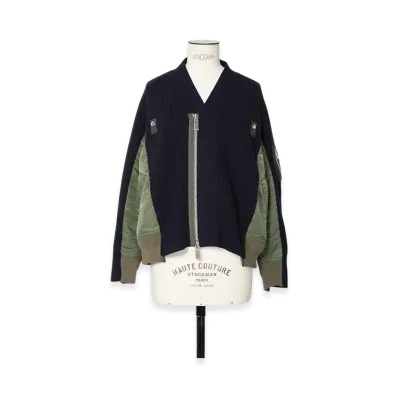 sacai Wool Knit x Nylon Twill Cardigan "Navy/Khaki"