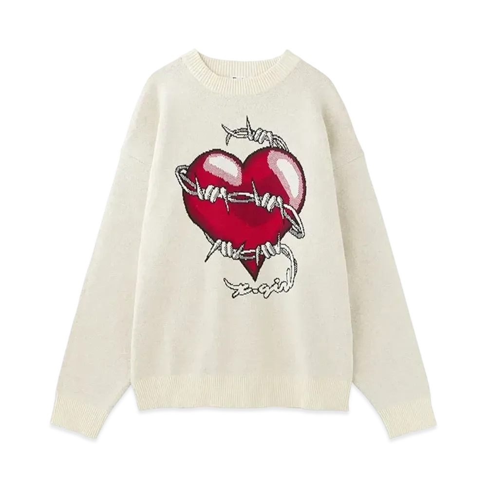 X-Girl Heart Barbed Wire Jacquard Knit Top "Off White"