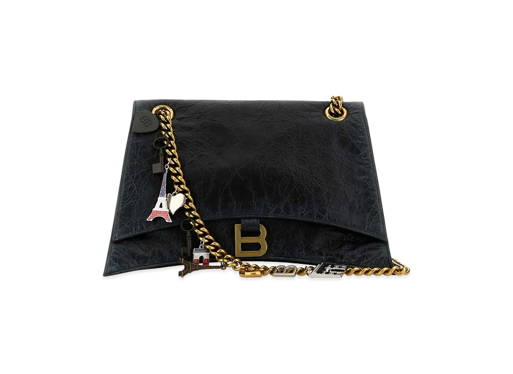 BALENCIAGA Women's Leather Medium Crush Chain Shoulder Bag "Black"
