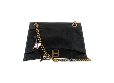 BALENCIAGA Women's Leather Medium Crush Chain Shoulder Bag "Black"