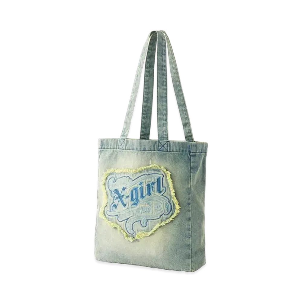 X-Girl Faded Logo Patch Denim Tote Bag "Light Indigo"