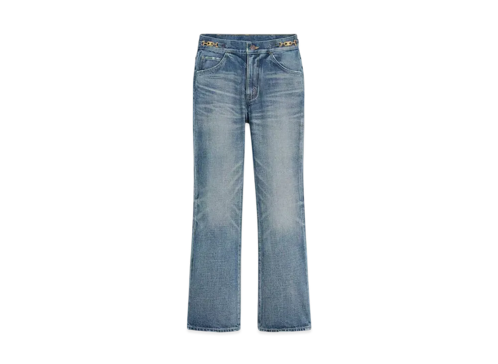 CELINE Women's Dylan Flared Jeans with Signature in Union Wash Denim "Union Wash"