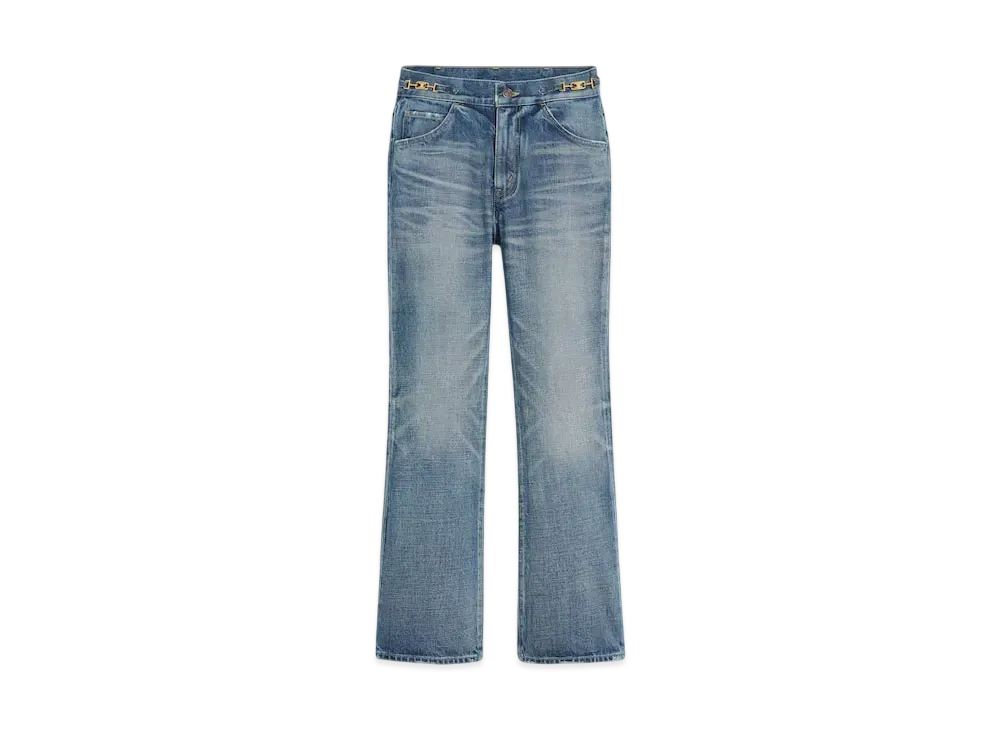 CELINE Women's Dylan Flared Jeans with Signature in Union Wash Denim "Union Wash"