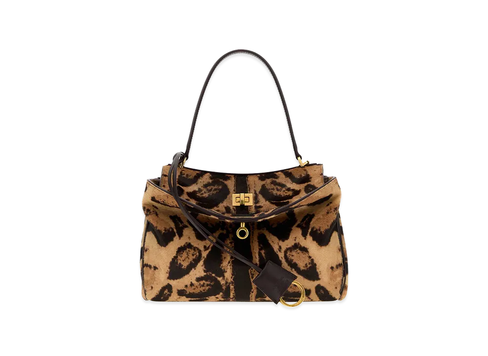 BALENCIAGA Women's Rodeo Small Leopard Print Leather Handbag "Brown"