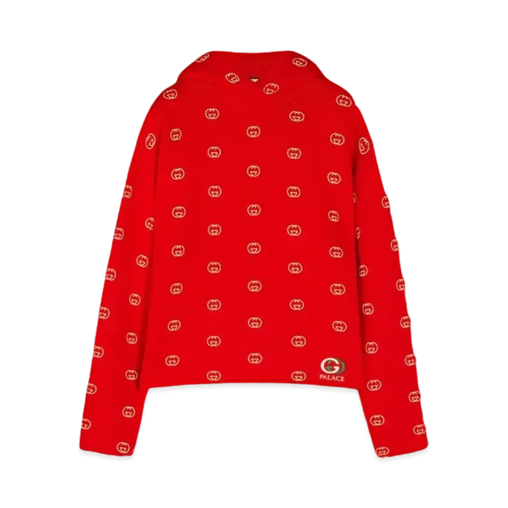 PALACE GUCCI Wool Knit Strawberry Hoodie With Studs And Crochet Detail "Red"