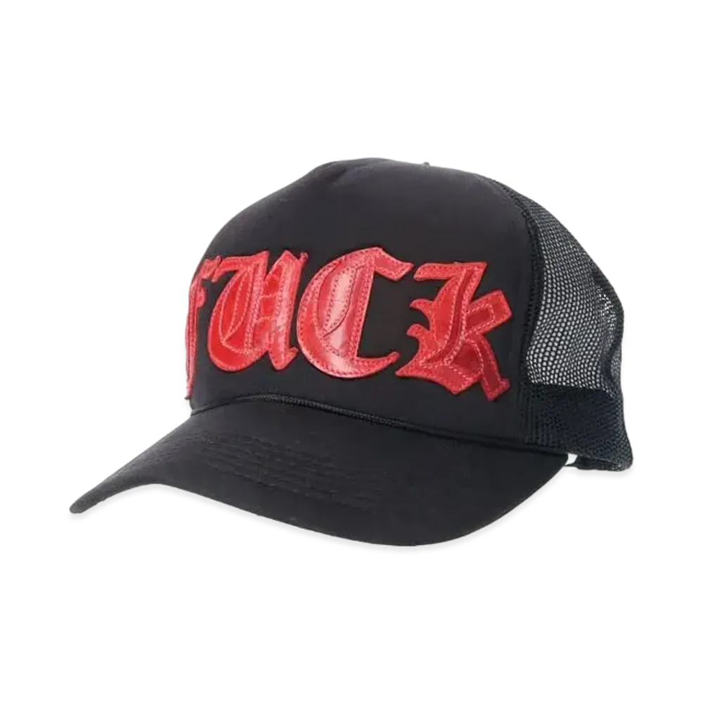 Chrome Hearts Trucker Cap Fuck Leather Patch Cross Ball "Black/Red"