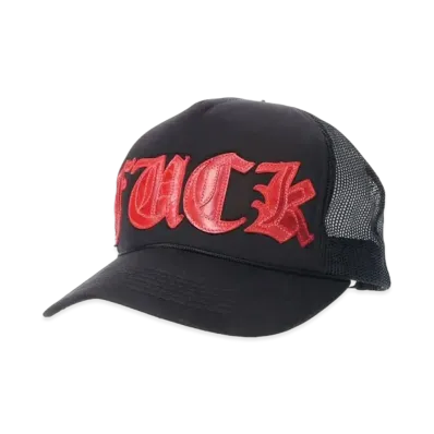 Chrome Hearts Trucker Cap Fuck Leather Patch Cross Ball "Black/Red"