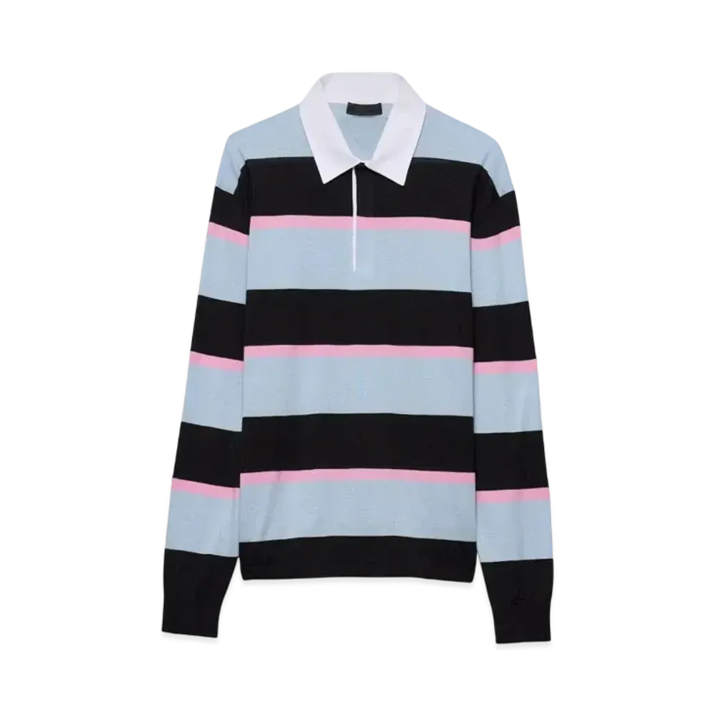 PRADA Men's Striped Silk and Cotton Polo Shirt "Black"