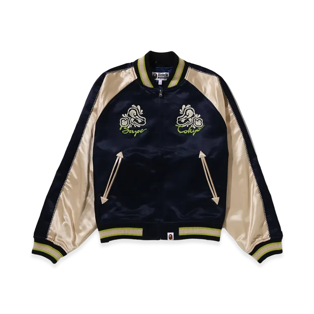 A BATHING APE Women's Paisley Pattern Ape Head Souvenir Jacket "Navy"