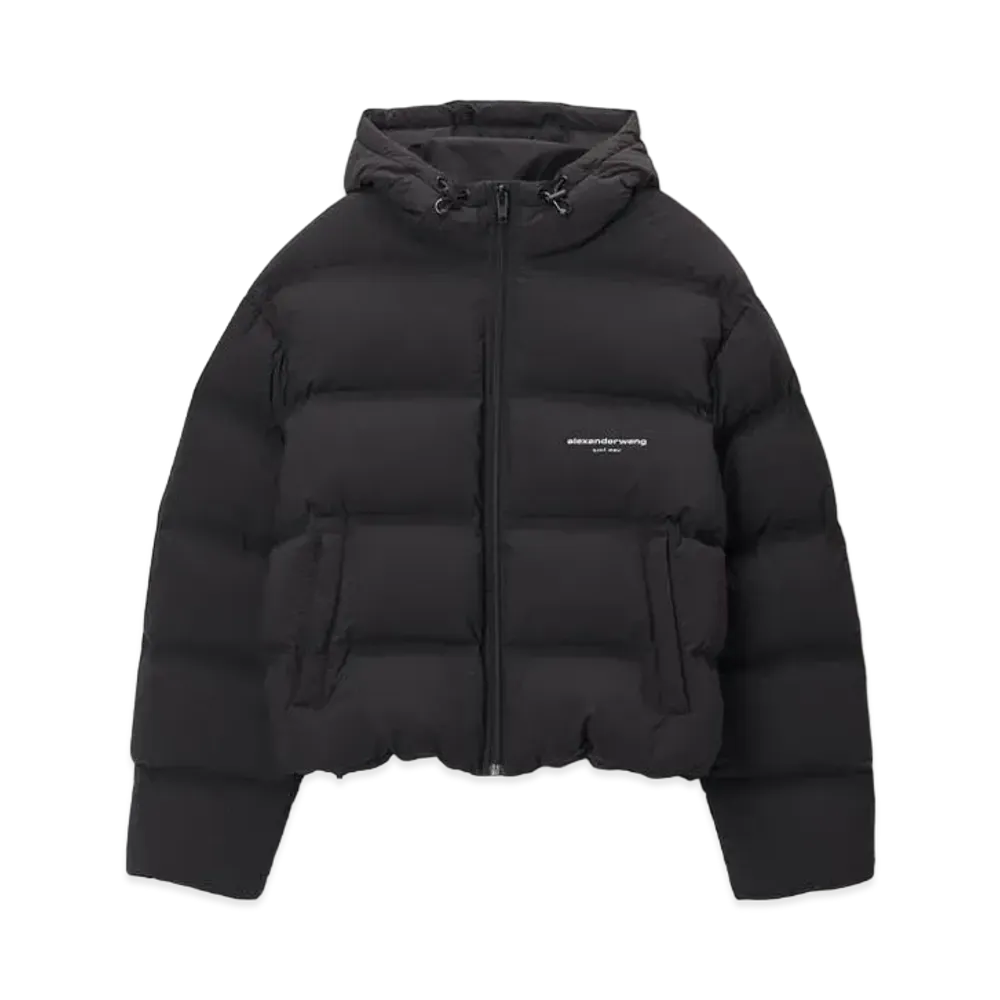 Alexander Wang Feather & Down Cropped Channel Hoodie "Black"
