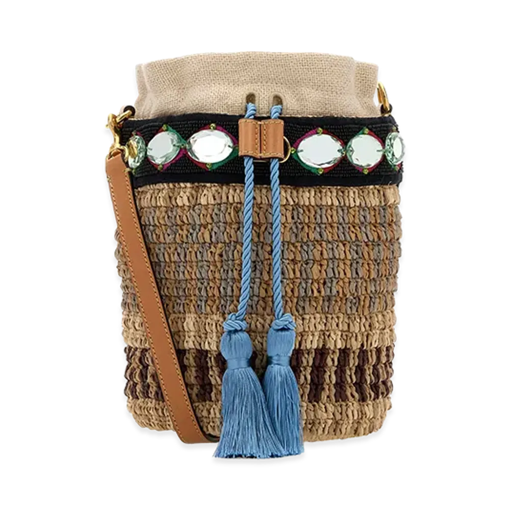 Valentino Women's Embroidered Raffia V Logo Signature Bucket Bag "Printed"