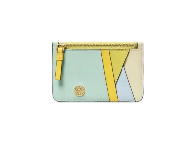 Tory Burch Walker Patchwork Top-Zip Card Case "Mint"
