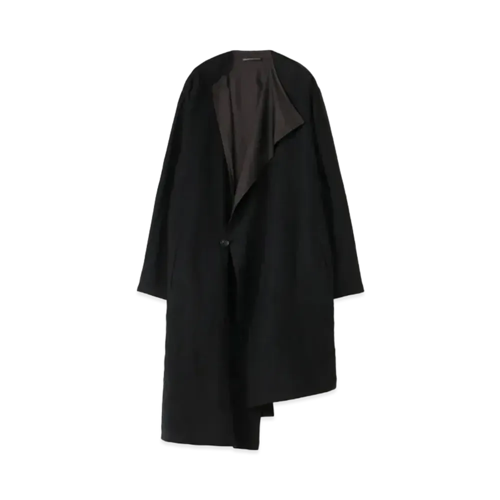 Yohji Yamamoto Y's WOOL ROUGH TWILL GARMENT MILLING COLLARLESS ASYMME COAT "Black"