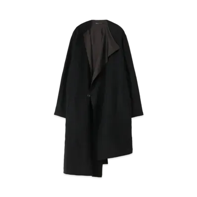 Yohji Yamamoto Y's WOOL ROUGH TWILL GARMENT MILLING COLLARLESS ASYMME COAT "Black"
