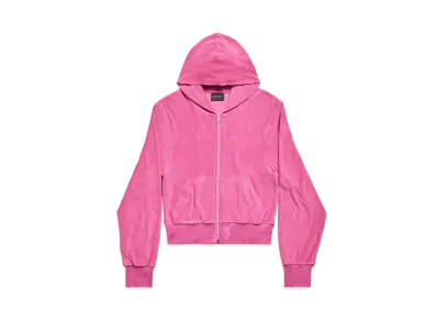 BALENCIAGA Women's BB Motel Zip-Up Hoodie Fitted in Velvet "Dark Pink"