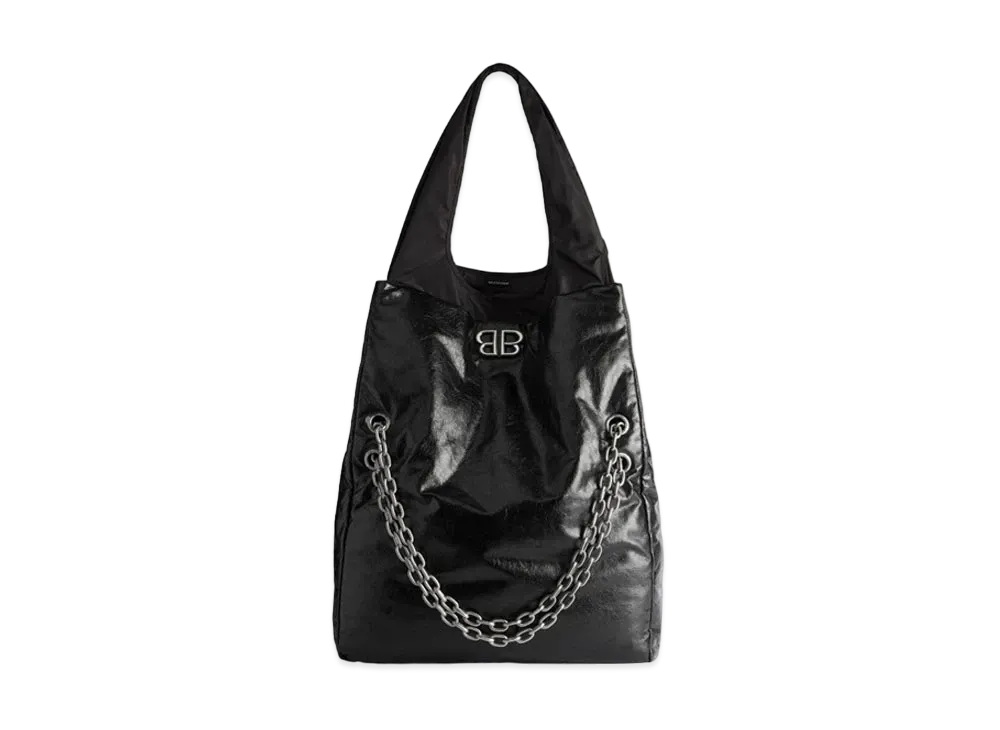 BALENCIAGA Monaco Large Chain Bag Plus in Arena Calfskin and Nylon with Aged-Silver Hardware "Black"