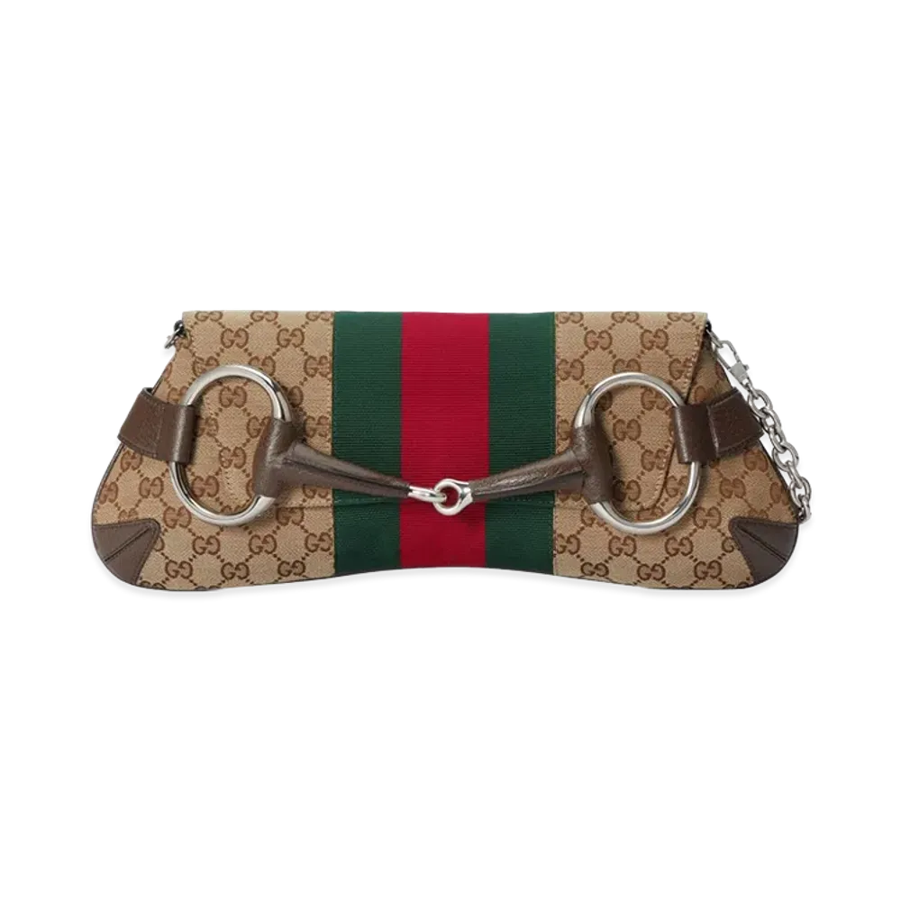 GUCCI Women's GG Supreme Fabric And Leather Medium Gucci Horsebit Chain Shoulder Bag "Neutrals/Brown"