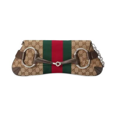GUCCI Women's GG Supreme Fabric And Leather Medium Gucci Horsebit Chain Shoulder Bag "Neutrals/Brown"